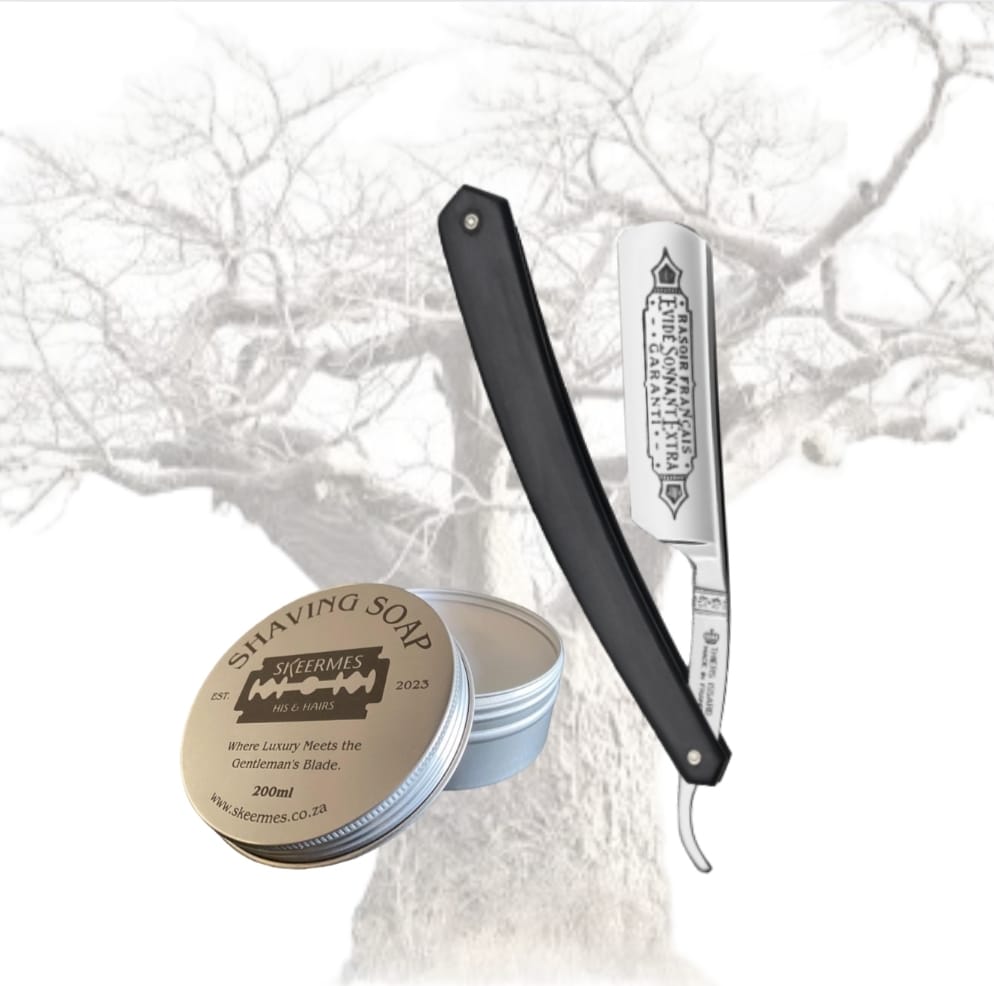 Skeermes - Shaving Soap & Thiers Issard - Evide Sonnant Extra Ebony Straight Razor Combo