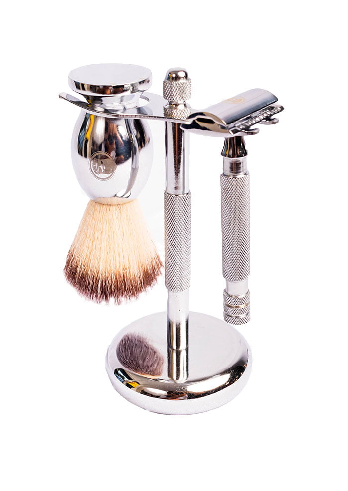 Chrome & Knurled - Safety Razor Shaving Set (C2)