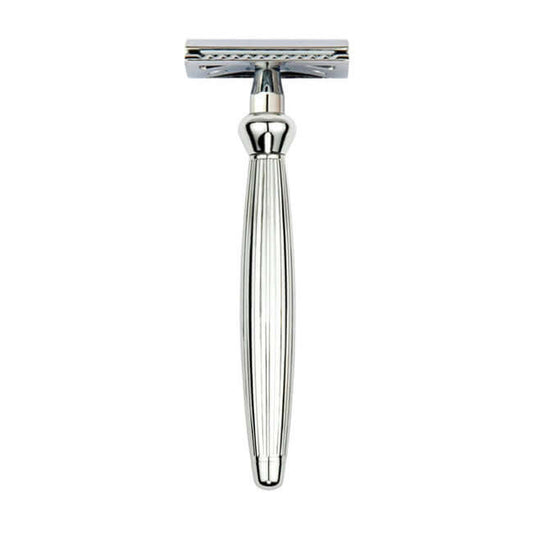 Edwin Jagger – Bulbous Lined Chrome DE Safety Razor & 5 Free Feather Blades